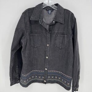DENIM&CO‎ Womens Denim Jacket Large Black Embroidery Button Front Long Sleeve